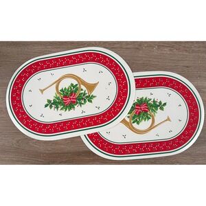 Vintage Kmart Christmas Placemats Set of 6 Oval French Horn Holly Red Green Gold